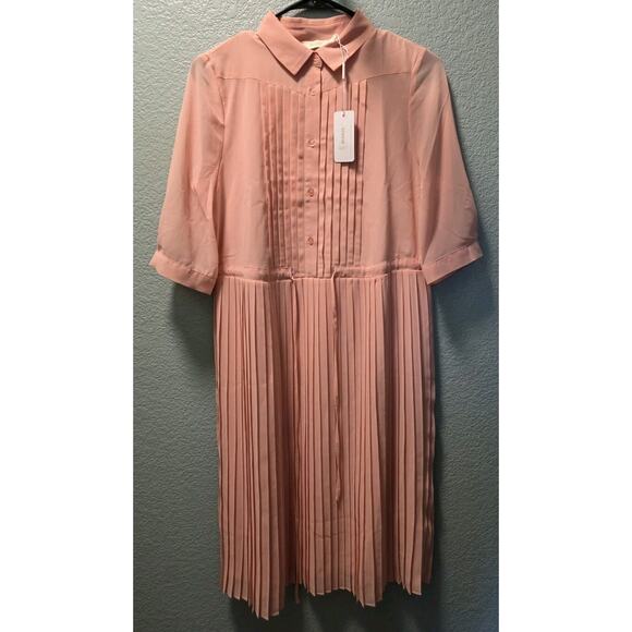 WLDRSD Dresses & Skirts - WLDRSD Pink Pleated Chiffon Midi Dress XS NWT Sheer Pastel Button Up